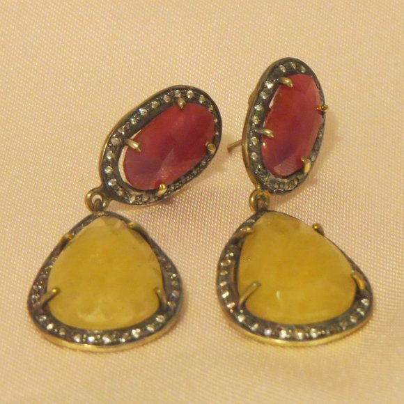 Diamond-Ruby-Yellow Sapphire 14k Sterling Silver Earring